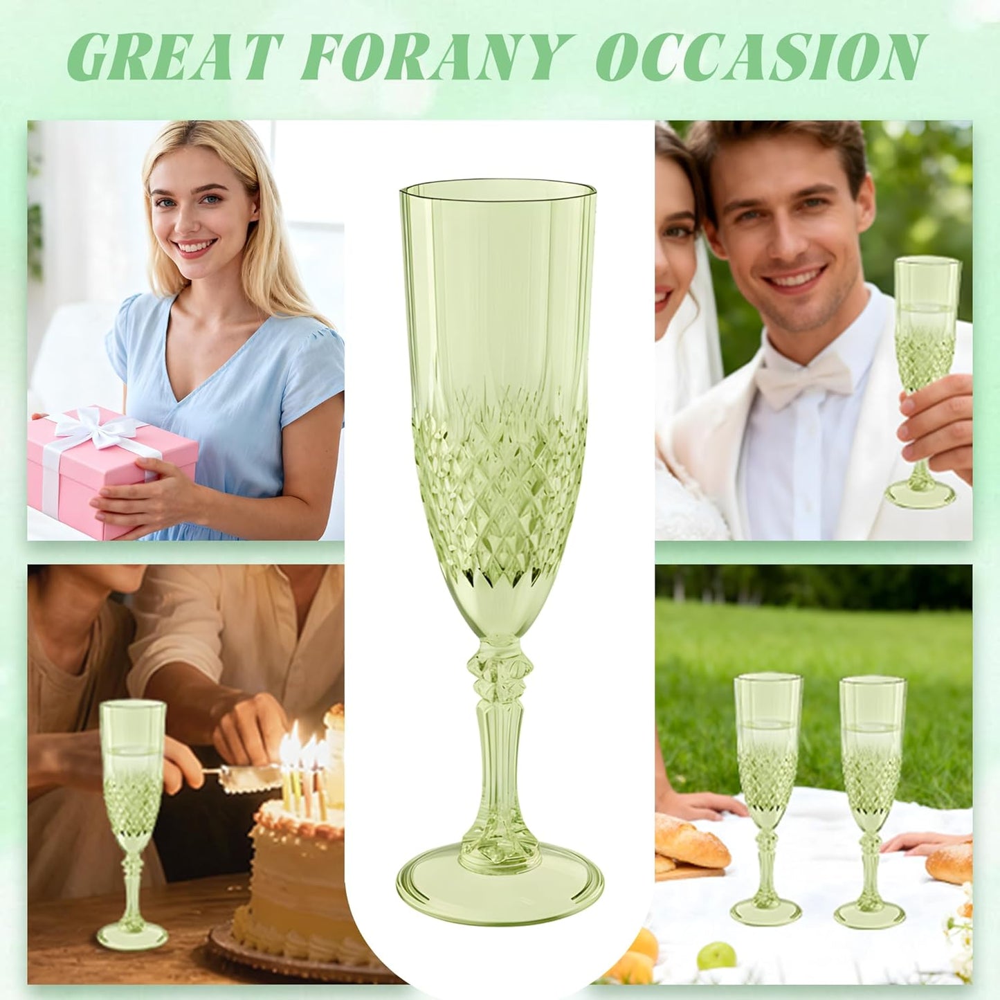 Plastic Champagne Flutes, 24PCS Green Wine Glasses Goblets Cups Reusable Flute, for Weddings Bachelor Parties Toasting and Events(24, Green)