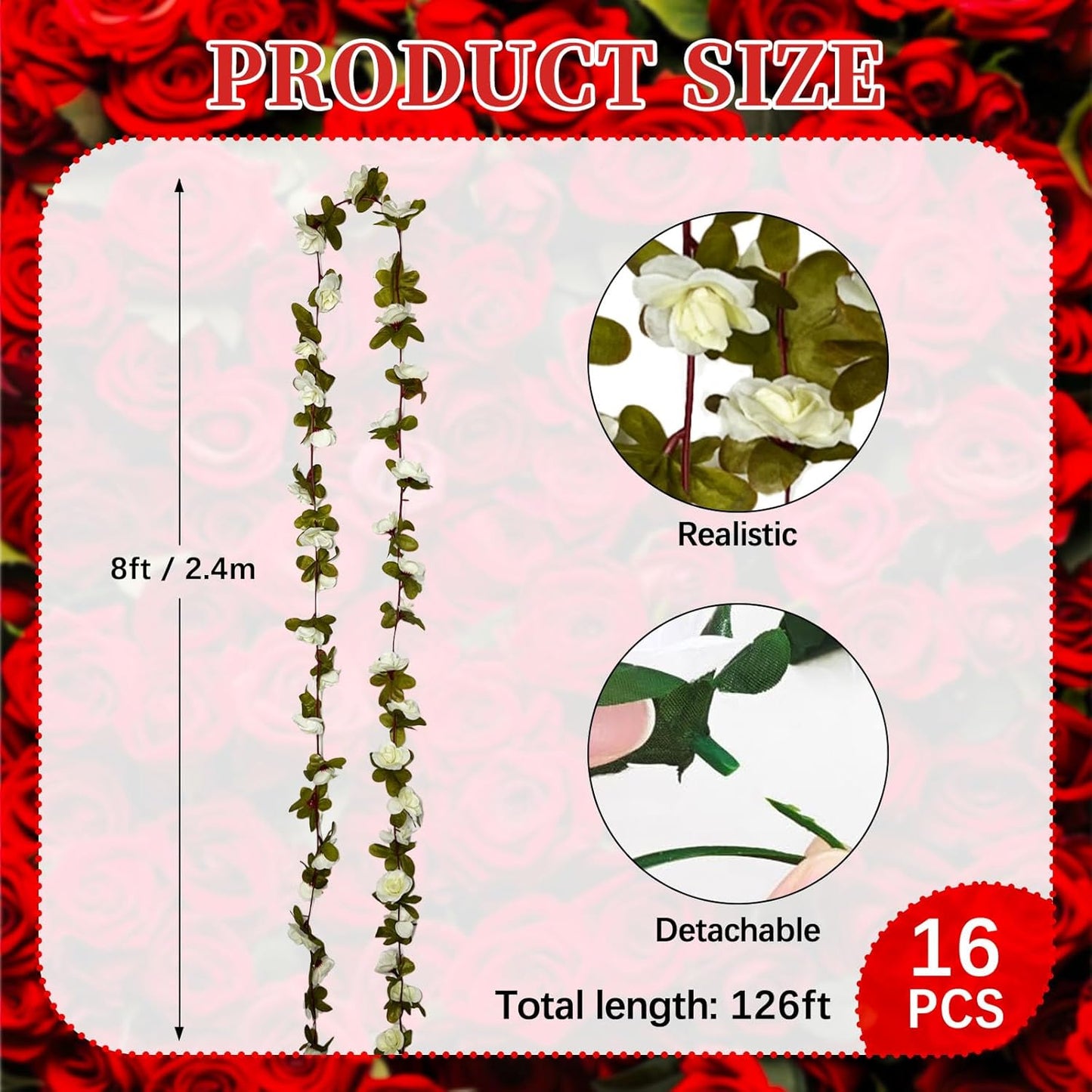 16Pcs 126Ft Cream Rose Garland, Fake Rose Hanging Flowers, Artificial Flower Vine, Hanging Floral Vine Garland for Wedding, Birthday Party, Wall Arch, Halloween, Christmas Garden Backdrop Decor