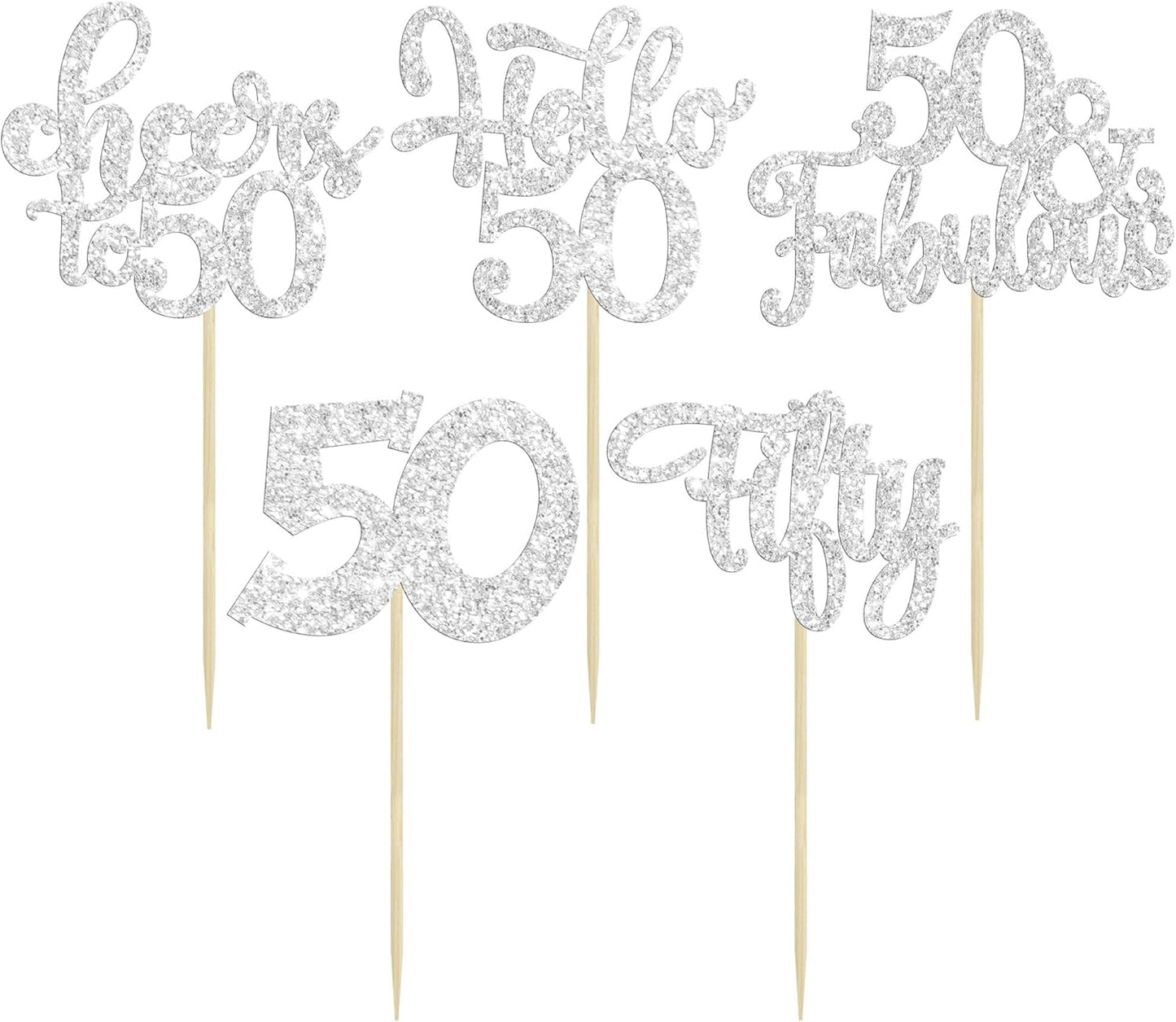 30Pcs Happy 50th Birthday Cupcake Toppers Silver Glitter Fifty Cheers to 50 Years Old Birthday Cupcake Picks for 50th Birthday Anniversary Party Cake Decorations Supplies