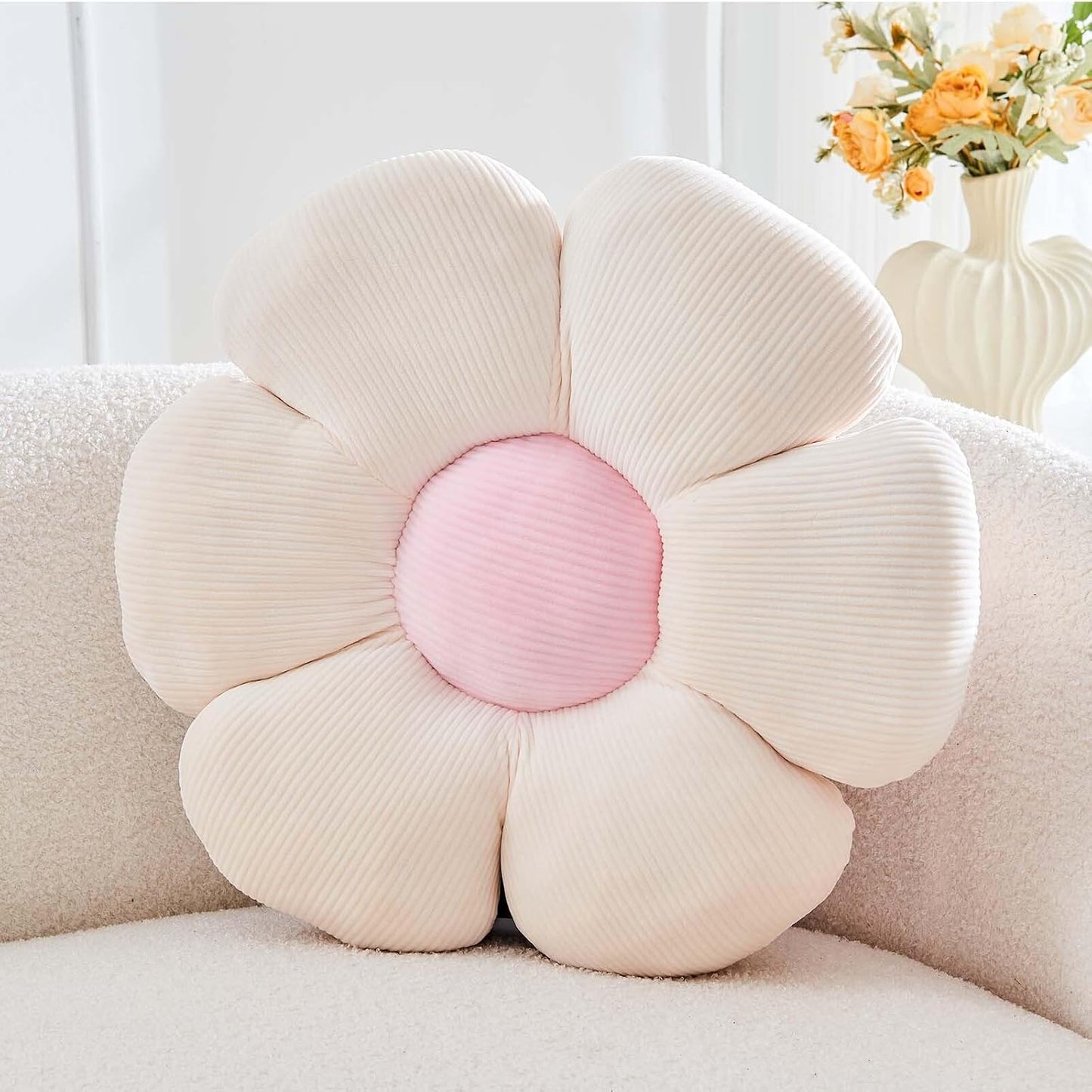 Beige Flower Pillow, 17.7" Cute Flower Shaped Floor Pillow, Aesthetic Floral Plush Daisy Decorative Throw Pillows for Bed Sofa Couch