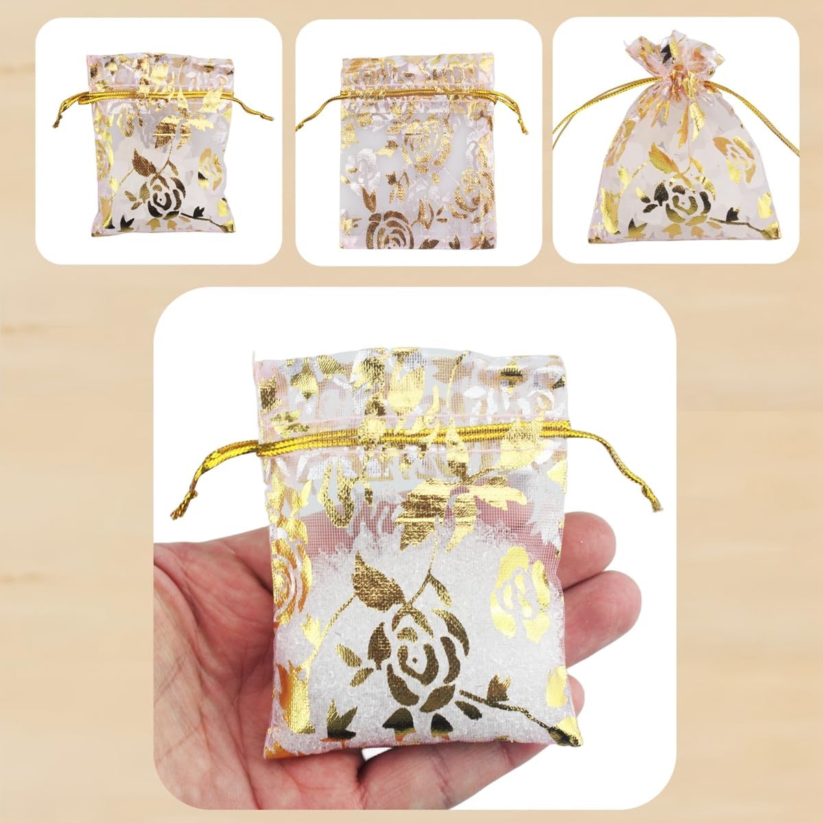 QIANHAILIZZ 100 Pack 2.8 x 3.5 Inch Flower Heart Organza Jewelry Gift Pouch Candy Pouch Drawstring Wedding Favor Bags B511S (pink gold flower)