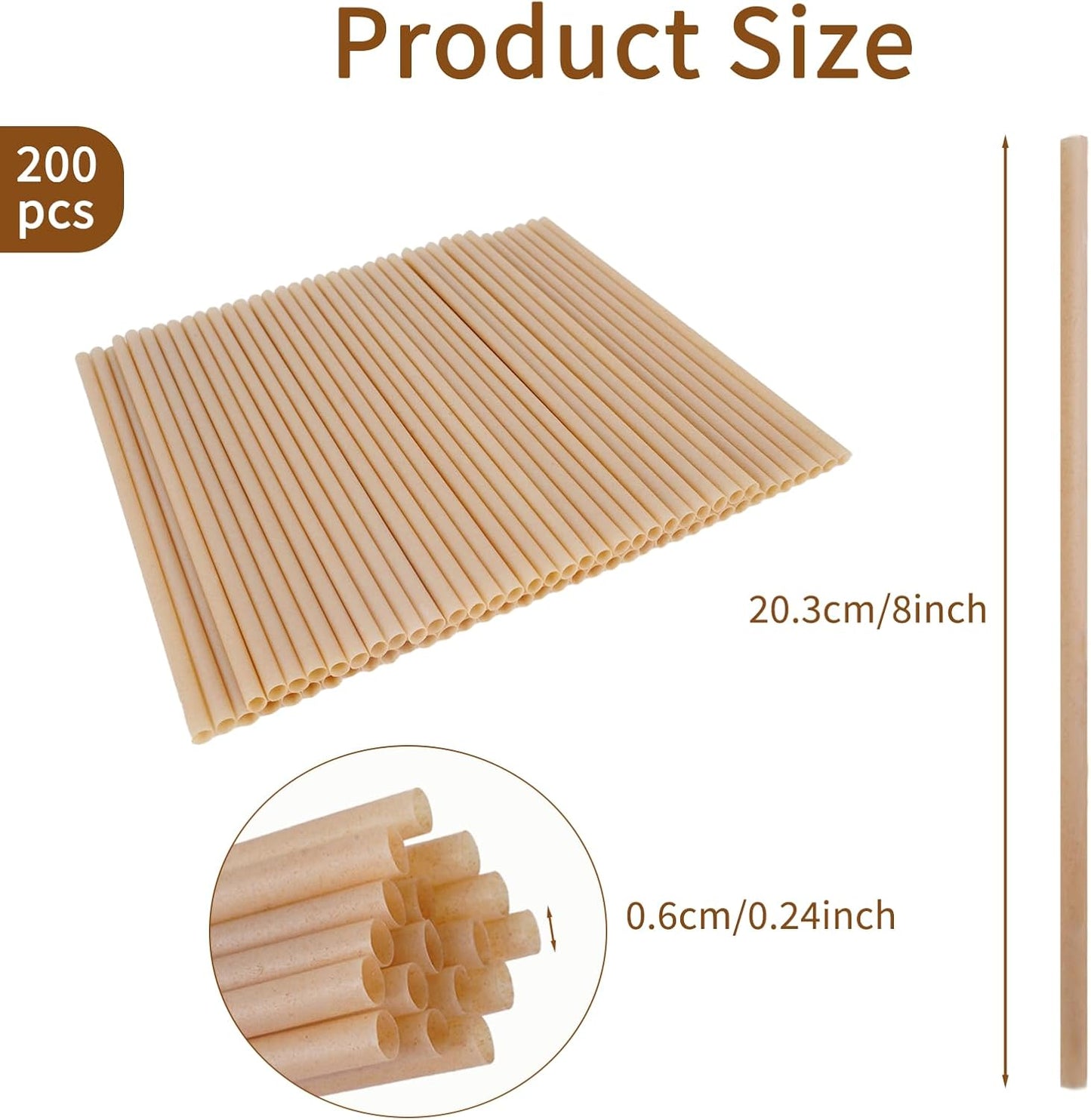 200 Pcs Sugarcane Straws Disposable, 8 In Drinking Agave Long Edible Compostable Biodegradable Cocktail Straws, Natural Brown Juice Coffee Tea Bulk Straw, Sturdy Straw for Drinks Home Restaurant