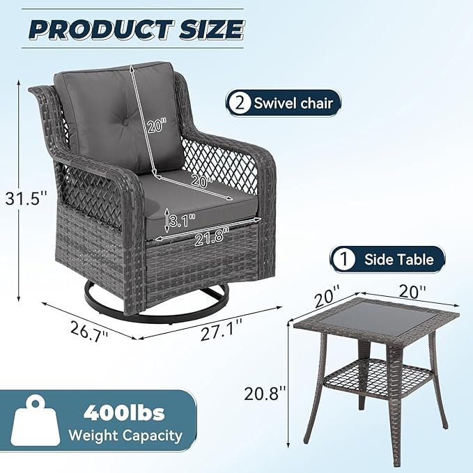 3 Pieces Patio Swivel Chairs, Wicker Patio Conversation Sets - Image 3
