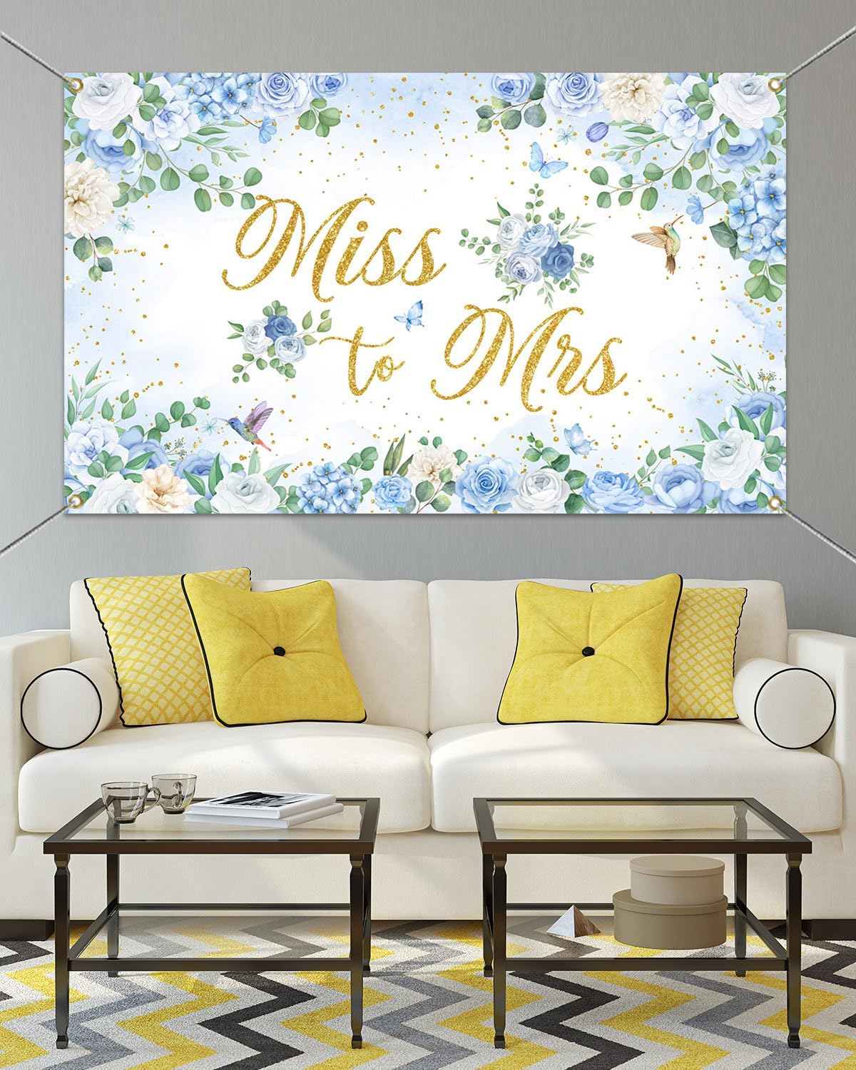 Mocsicka Miss to Mrs Banner Blue Floral Gold Dots Bridal Shower Party Decorations Banner for Wedding Engagement Bachelorette Party Backdrop for Photography Photo Booth Props (Blue, 70.8x43.3 inch)