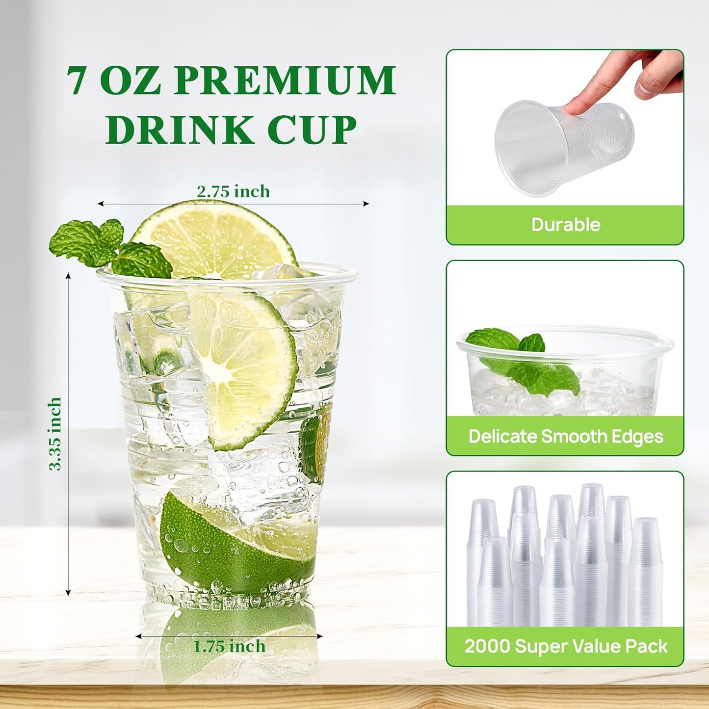 Vplus 2000 Pack 7 OZ Drinking Clear Plastic Cups, 7 Ounce Disposable Cold Water Party Dessert Bulk Cups for Business Wedding Party