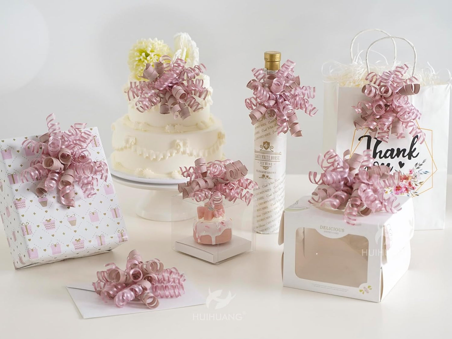 HUIHUANG Self-Adhesive Curly Bows Gift Wrap Accessory Dusty Rose Gift Bow 5 inch x 8 Counts Dusty Pink Ribbon Bows for Presents, Paper Bag, Party Favors, Bridal Shower Wedding Decoration