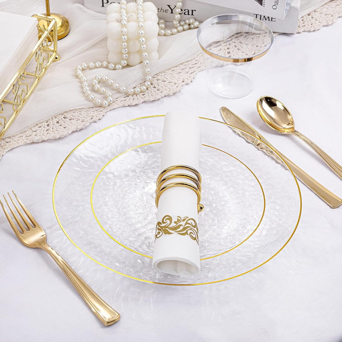 Rubtlamp 175 Pcs Plastic Dinnerware Set (25 Guests), Clear And Gold Plastic Plates, Hammered Party Plates Include Dinner Platos, Dessert Platos, Cups, Gold Cutlery Set And Napkins for Party