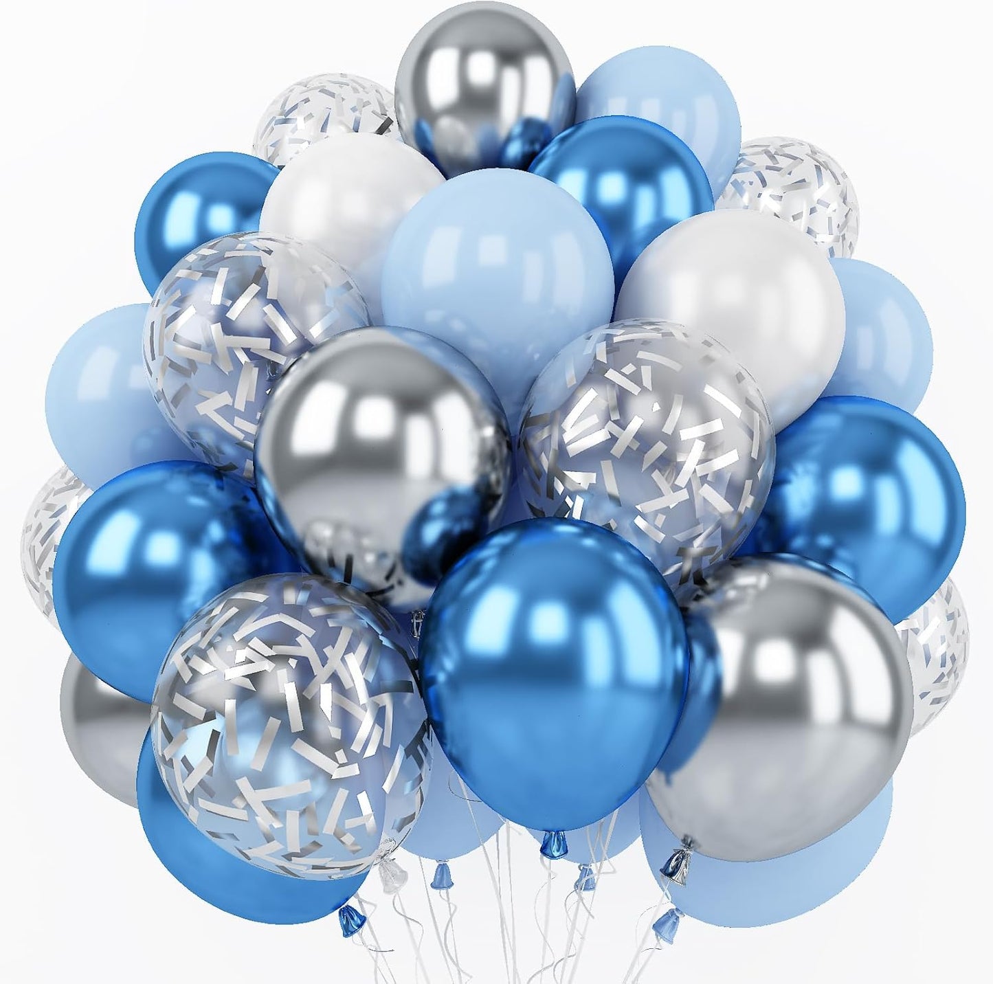 Togvu Metallic Blue Silver Balloons, 60 Pcs 12 Inches Chrome Blue White Balloon with Silver Balloons Glitter Confetti Balloons for Boys Baby Shower, Birthday, Baptism,Wedding Decorations