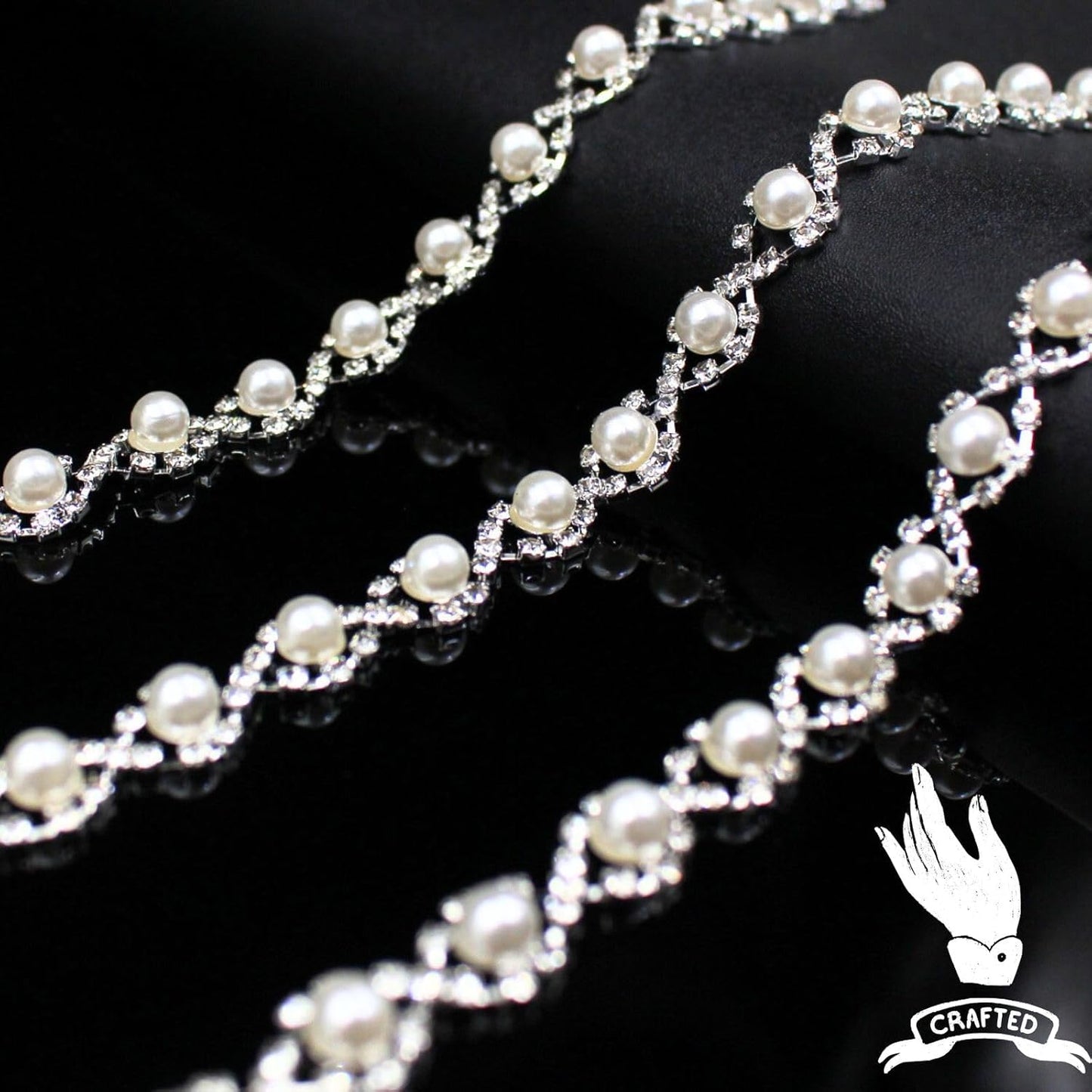 2 Yard Pearl Rhinestone Trim Chain Silver String Crystal Applique Fringe Ribbon Strips Beads Sewing Dress DIY Party Wedding Bouquet for Decoration Bridal Costume Embellishment