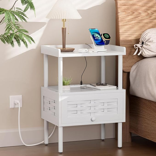 Amazer White Nightstand with Charging Station, Bamboo Night Stand by Amazer