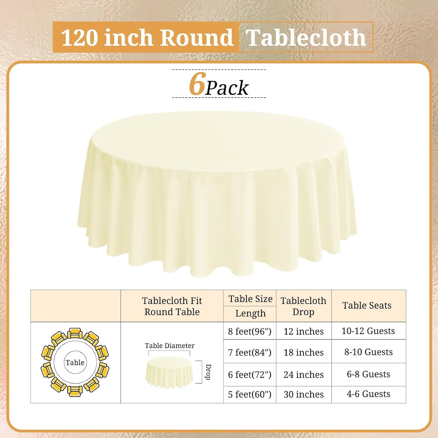 6 Pack Round Tablecloths - 120 Inch, Beige Polyester Table Cover, Stain & Wrinkle Resistant, Washable Table Cloth for Banquet & Parties