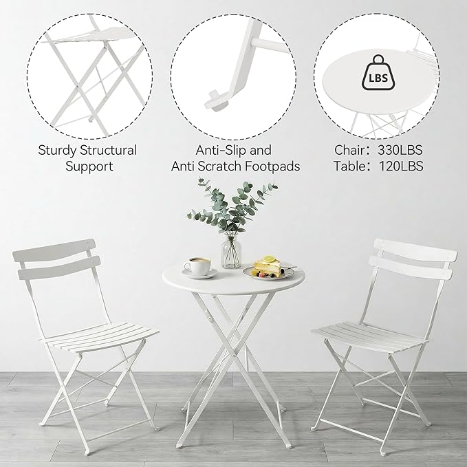 GarveeLife 3 Piece Patio Bistro Set, Folding Patio Bistro Table and Chairs Set - Image 6