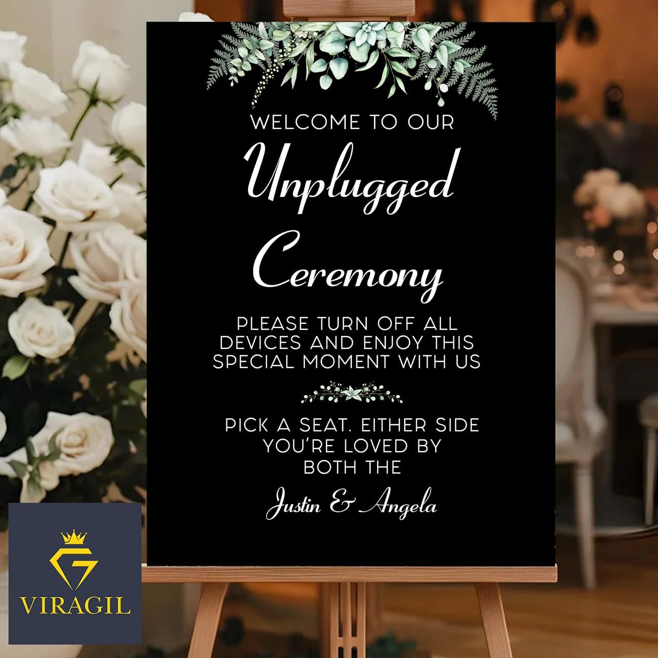 Personalized Unplugged Ceremony Sign – Elegant Wedding Yard Sign with Greenery – Turn Off Devices & Find Your Seat