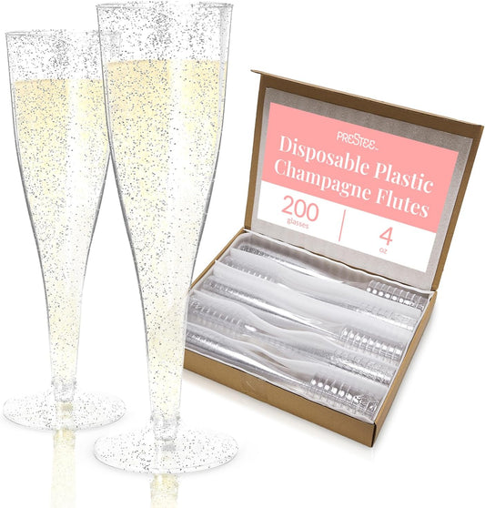 Prestee 200 Disposable Champagne Flutes Plastic 200 Pack - Silver Glitter Champagne Flutes for Weddings, Parties, and New Year’s Eve - 4.5 Oz Plastic Silver Party Glasses