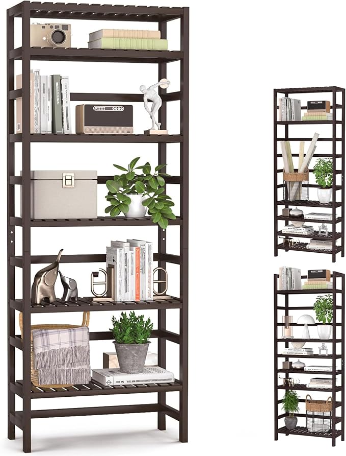 Homykic 6-Tier Bamboo Bookshelves and Bookcases, Adjustable 63.4”Tall Shallow by Homykic