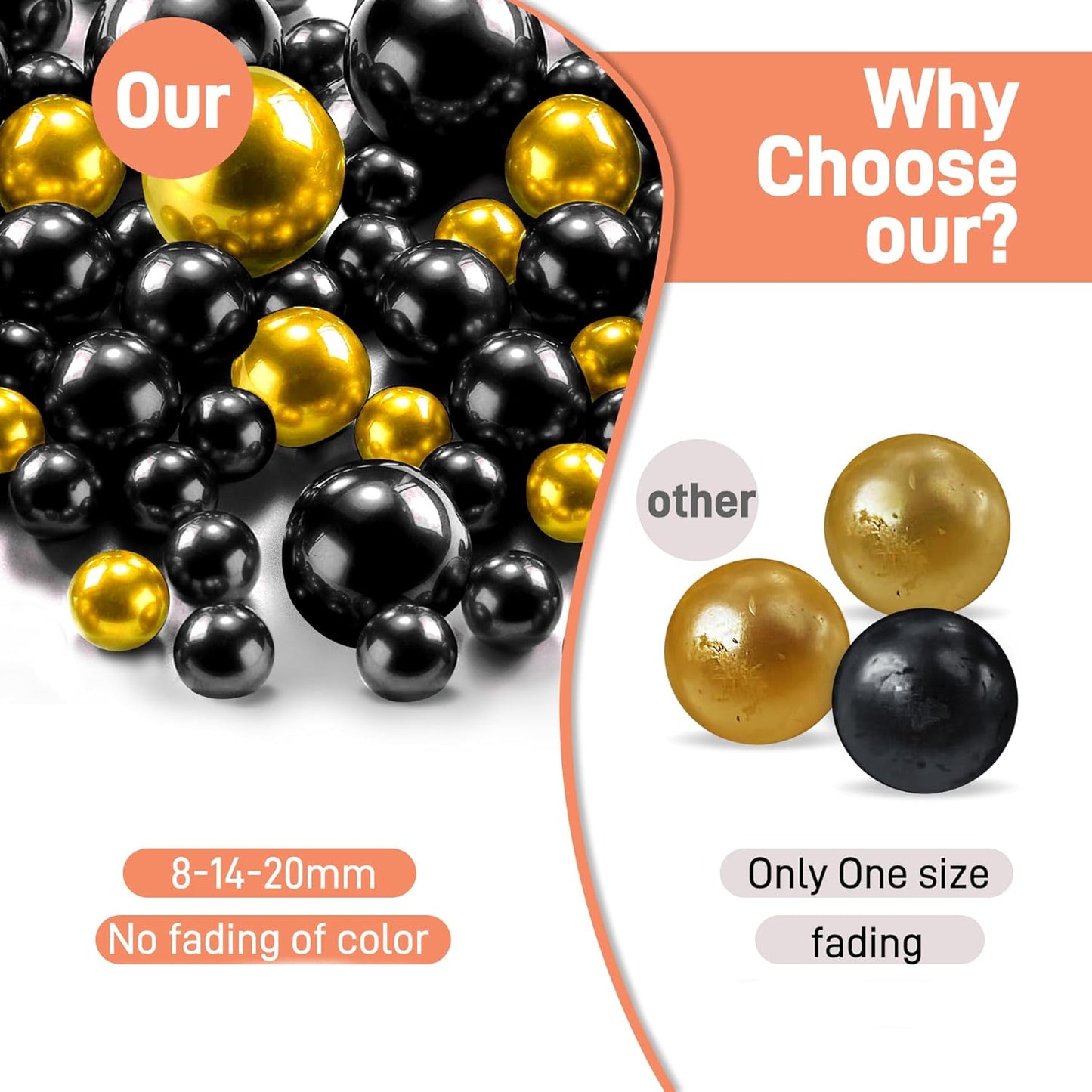 120 PCS 8/14/20mm No Hole Polish Pearl Beads for Centerpiece, Black Gold Beads Decorative Vase Fillers, Plastics Pearls for Vases, Table Scatters, Wedding Party Decor