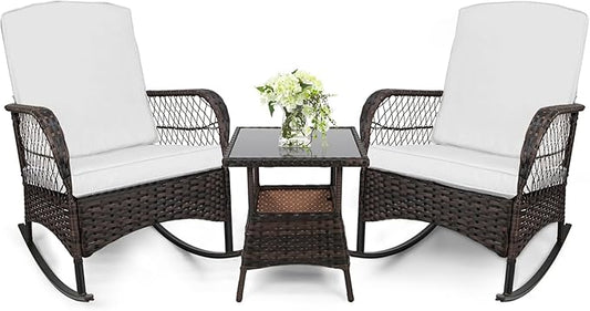 LEVELEVE 3pcs Modern PE Wicker Outdoor Rocking Chairs & Glass Table Set by Enjoyyourlife