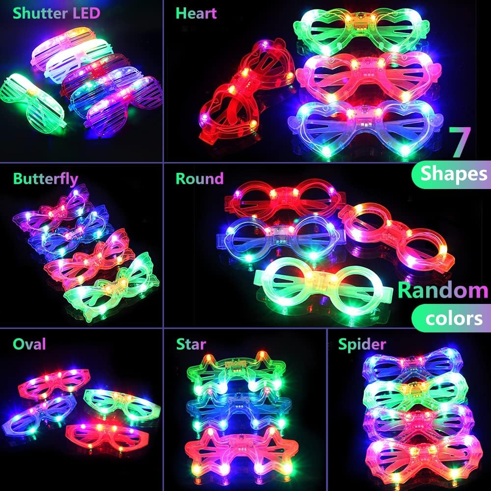 35 Pcs LED Glasses 7 shapes 6 LED Glow In The Dark Party Supplies Favor for Kids Adults shutter heart round star butterfly Glow Sticks Light Up Glasses fit Birthday Halloween Christmas Valentine's Day
