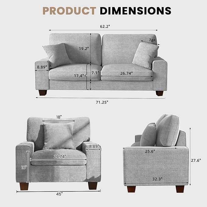 DOPEDIO Modern Living Room Sofa Set, 71.25" Chenille Loveseat - Image 2