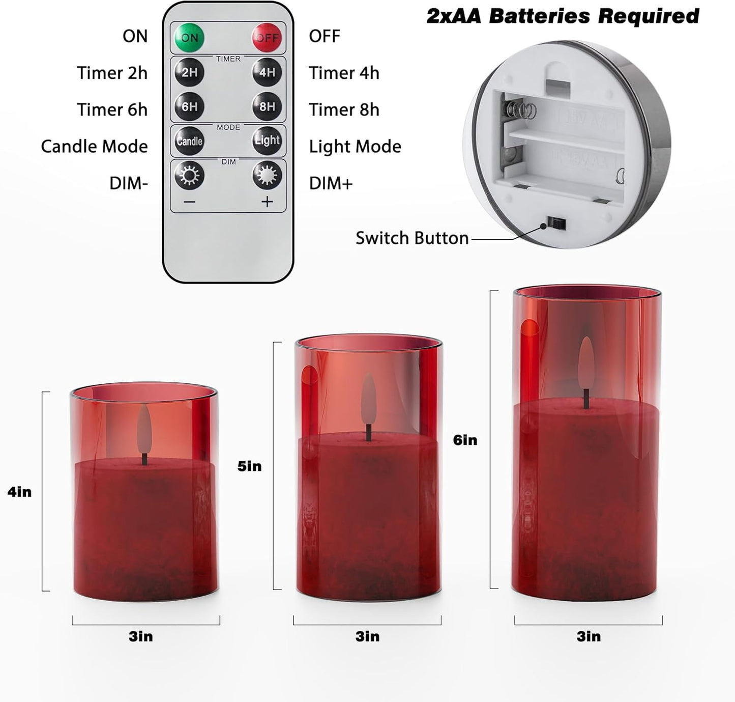 Ice Crystal Real Wax Glass Flameless Candles with Remote & Timer, Battery Operated Candles with Warm Flickering Flame, Realistic LED Candle for Wedding Home Decor [D3×H4/5"/6"] Red, 3Pack