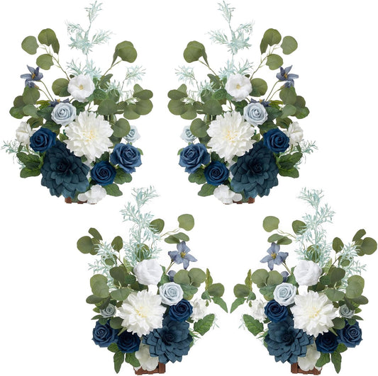 Ling's Moment 17.5" Tall Standing Artificial Flowers Arrangements 4 pcs Wedding Aisle Runner Chair Decorations Dusty Blue Navy Centerpieces for Ceremony Reception Rose Floral Party Outdoor