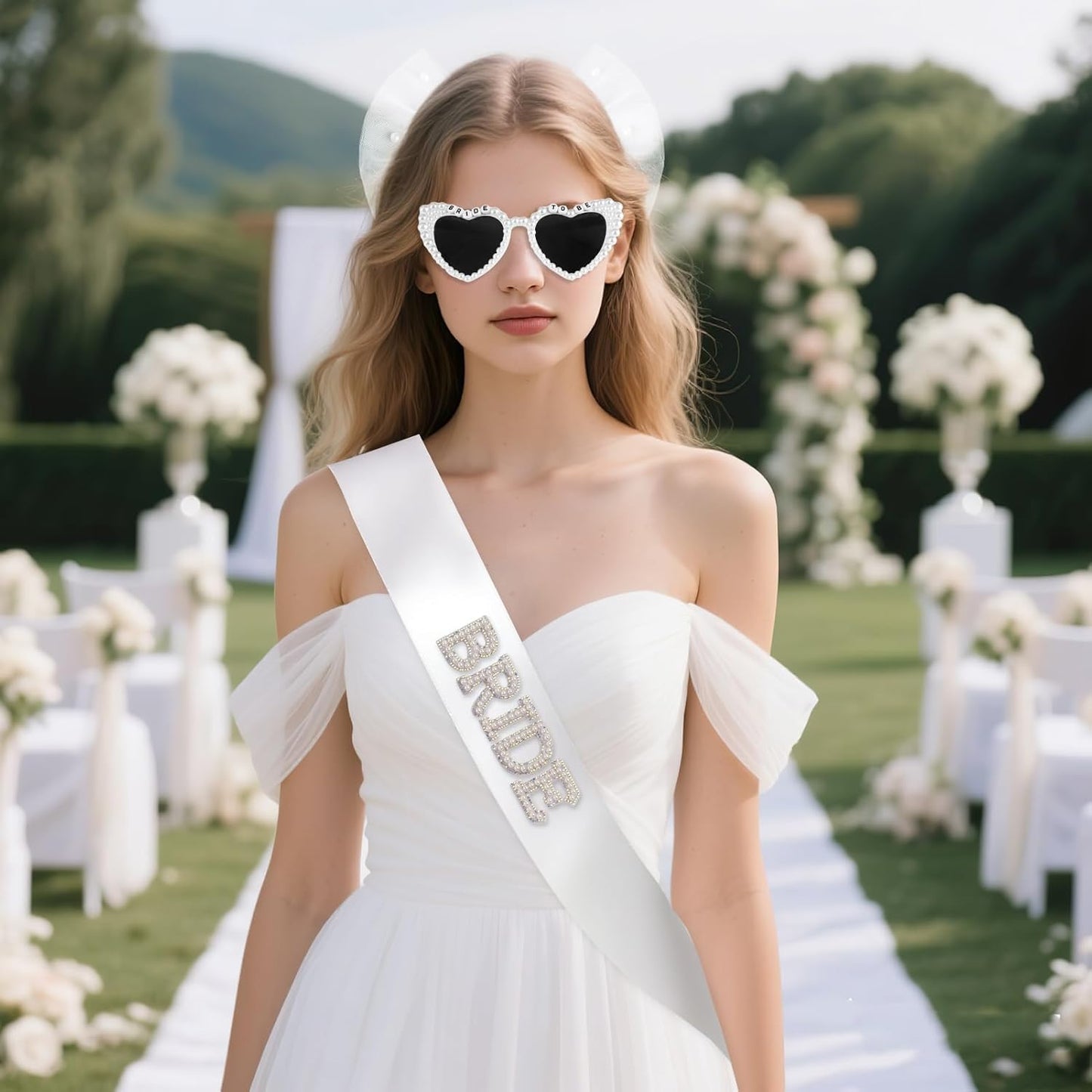 3Pcs Bride to Be Sash and Bow Veil Set, Bachelorette Party Favors, White Pearl Bride To Be Sash, Pearl Heart Sunglasses for Bachelorette Party Gifts Bridal Shower Wedding