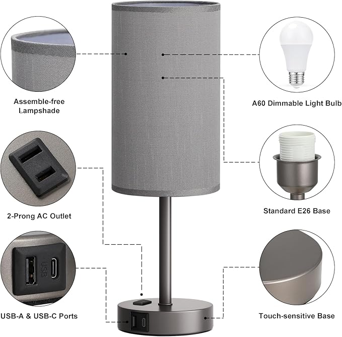 Fenmzee Grey Nightstand Bedroom Lamp - Image 7