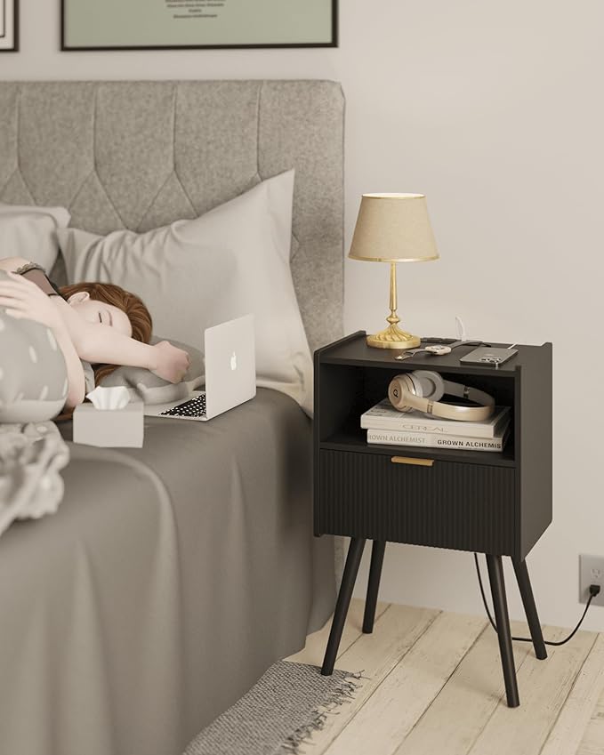 JOONEE Black Nightstand with Outlet, Modern Bedside Table with Storage Drawer - Image 3