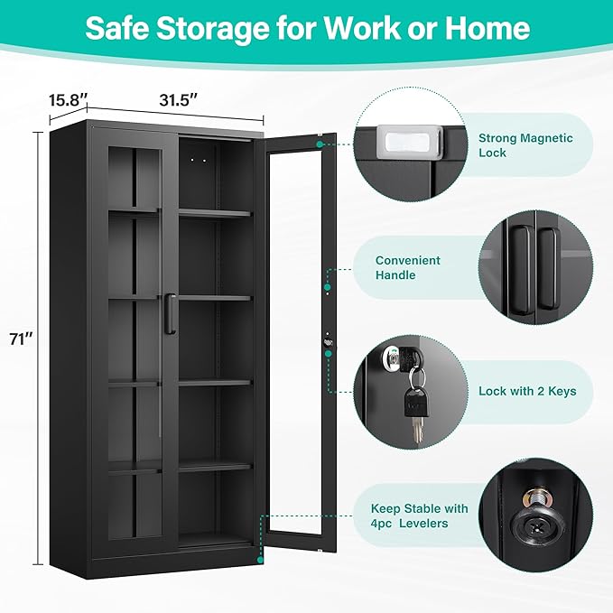 Metal Storage Cabinet with Lock and Glass Doors, Glass Display Cabinet - Image 3
