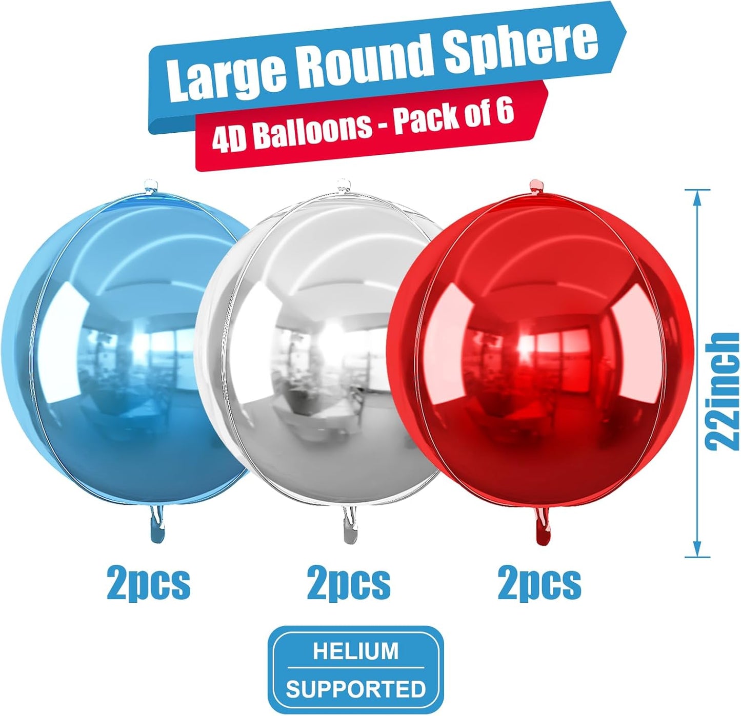 6Pcs Red Blue Silver Round Foil Balloons, 22inch 4D Metallic Balloons, Large Round Foil Ball Balloon for Birthday Graduation 4th of July, Independence Day USA Patriotic Party Decoration