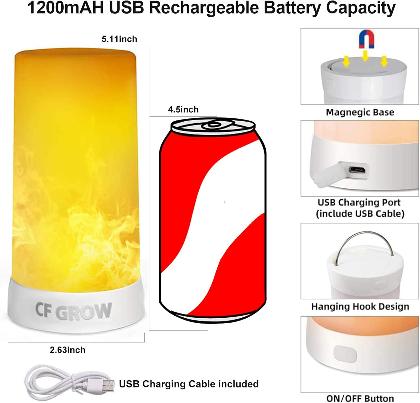 LED Flame Effect Light, USB Rechargeable Flame Candle Waterproof Dimmable 4 Modes Lantern with Gravity Sensing Effect & Magnetic Base, for Halloween, Room, Party, Bar Decor