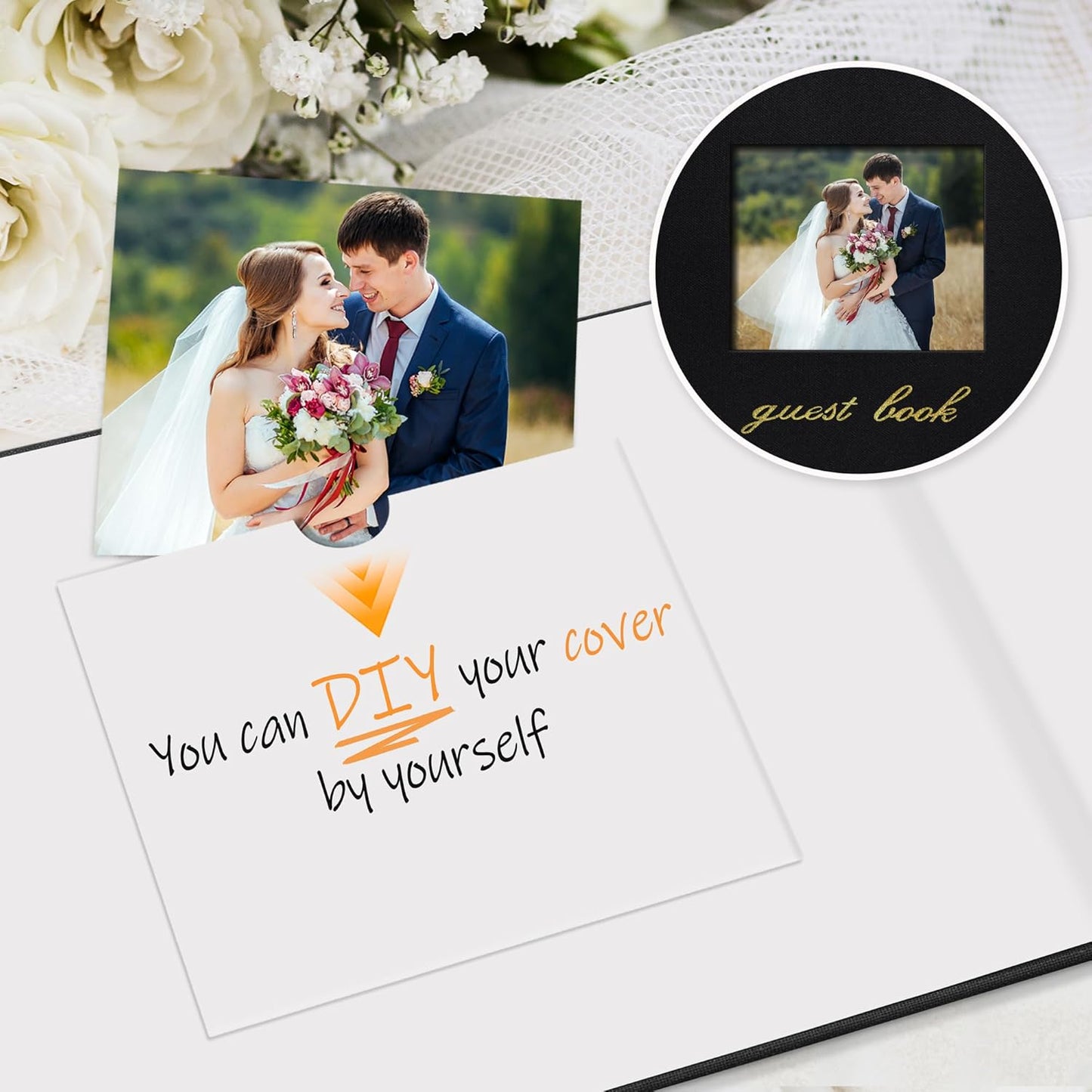 SUNEE Wedding Guest Book - Polaroid Guest Book Weddings Reception, Linen Cover 7" x 9" Guest Book for Baby Shower, Birthdays and Special Events, 100 Blank Pages for Wedding Sign in and Photos, Black