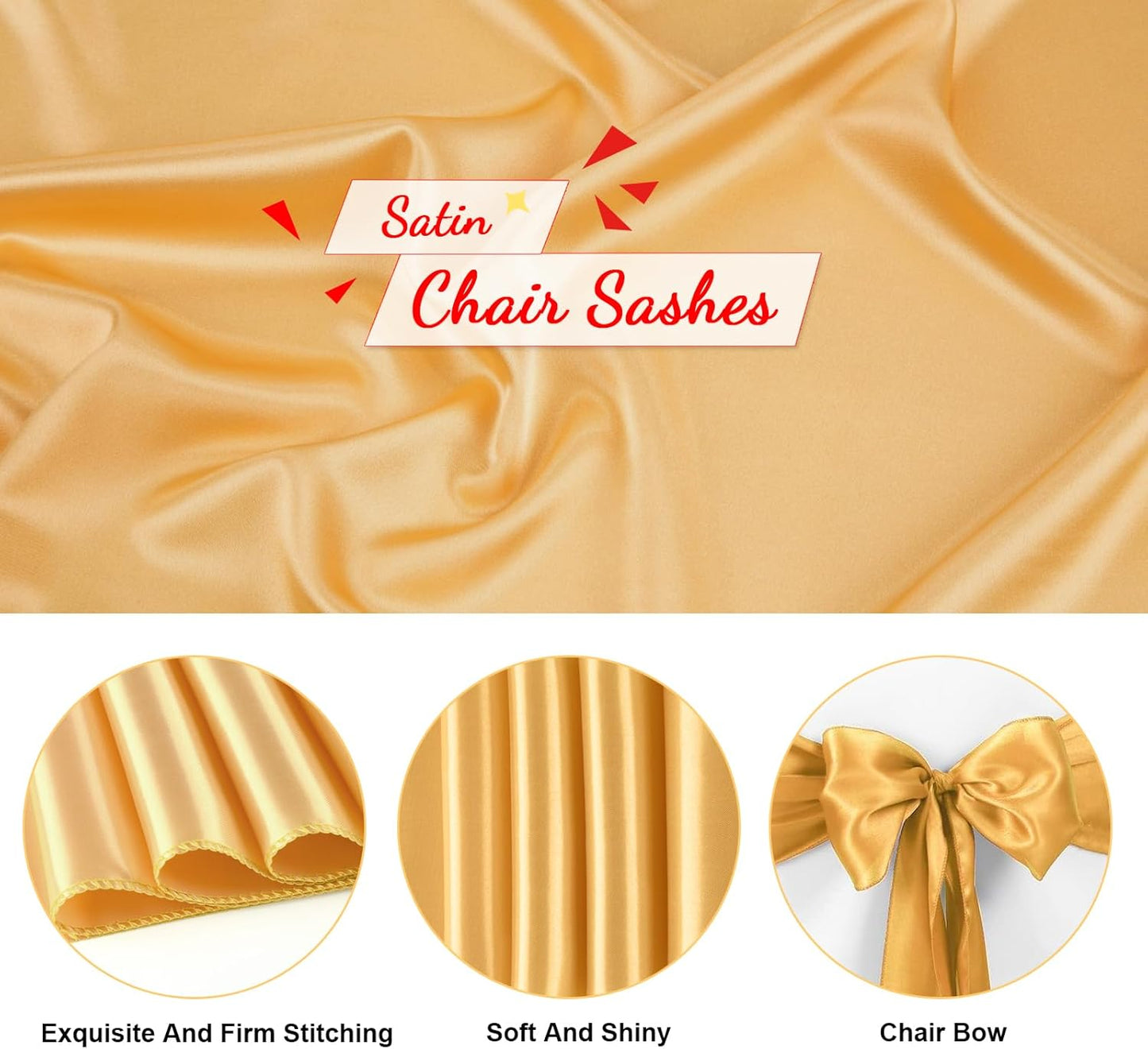 Satin Chair Sashes Bows Universal Chair Ribbon Ties Back Sash for Wedding Party Reception Events Banquets Hotel Event Chair Cover Decoration (7x108 inch) (100, Gold)