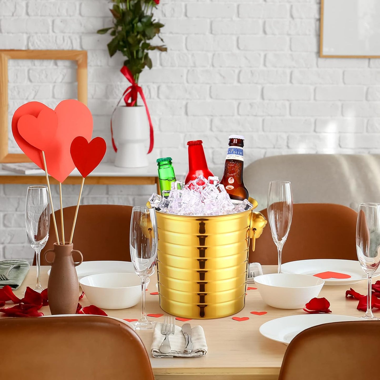 Pinkunn 6 Pack Stainless Steel Champagne Bucket 3 Qt Metal Ice Bucket Double Wall Wine Bucket with Handles Party Beverage Chiller for Champagne Beer Cocktail Wine Drinks Home Bar Accessories(Gold)