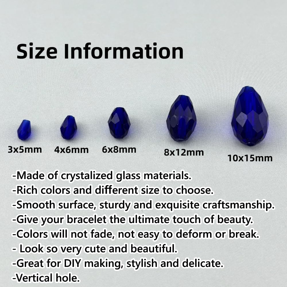 130pcs 6x8mm Teardrop Crystal Glass Beads for Jewelry Making, Faceted Vertical Hole Teardrop Glass Spacer Beads for Wind Chimes Bracelet Earring Necklace DIY Craft(Dark Blue)