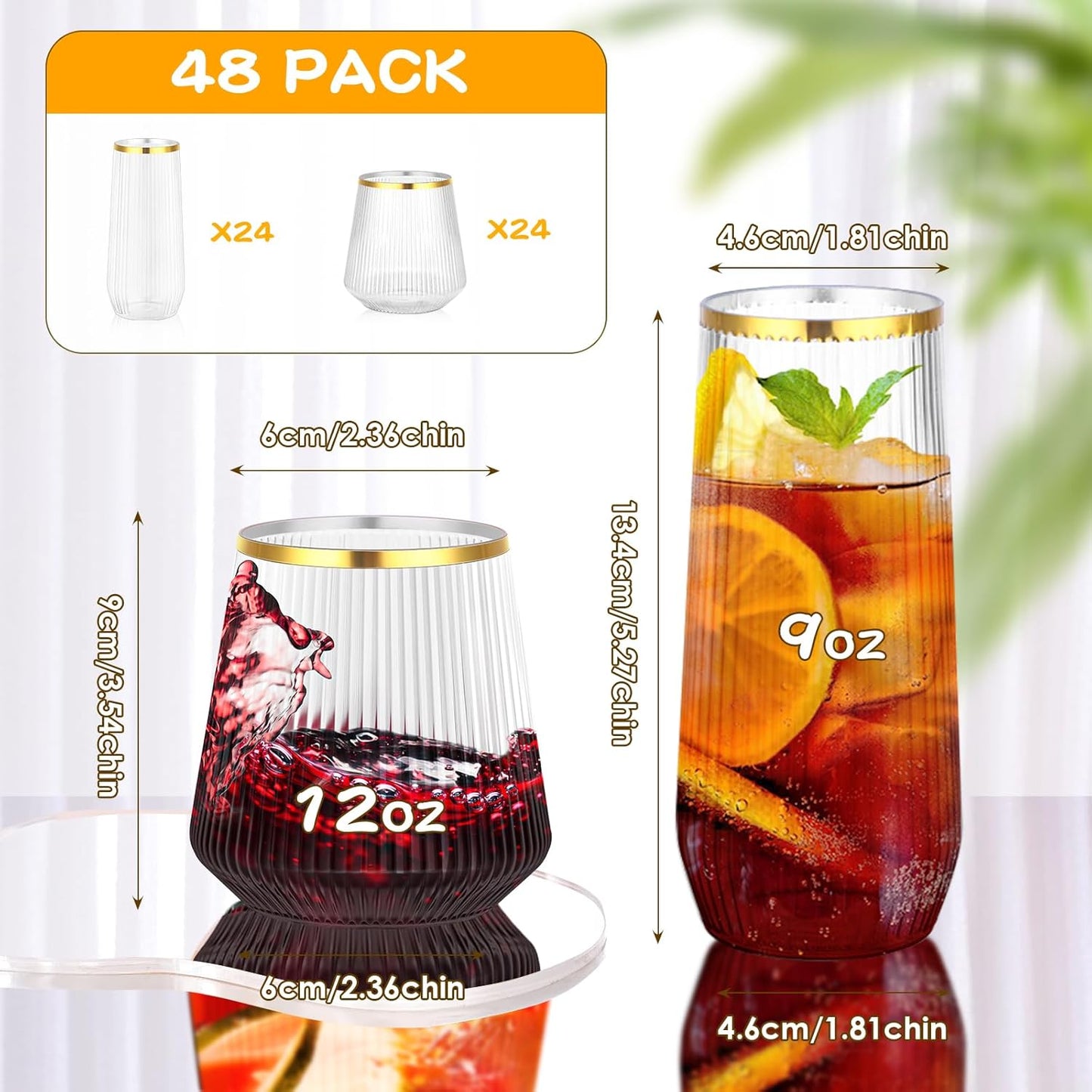 mwellewm 48 Pcs Plastic Wine Glasses Disposable, Cocktail Glasses Set 9 OZ Stemless Champagne Flutes 12 OZ Ribbed Origami Ripple Reusable Party Cup for Wedding Home Office Bar Drinking(Gold Rim)