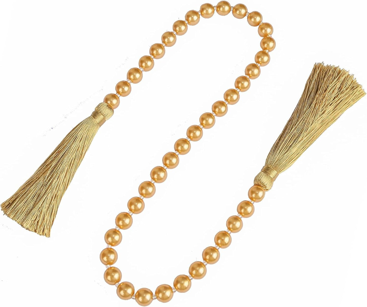 Fenghuangwu 34 Inch Pearl Glass Bead Garland with Tassels - Elegant Boho Table Decor, Fringe Wall Hanging for Wedding, Party, Farmhouse Rustic Prayer Bead Home Decoration(1 Pack,Gold)