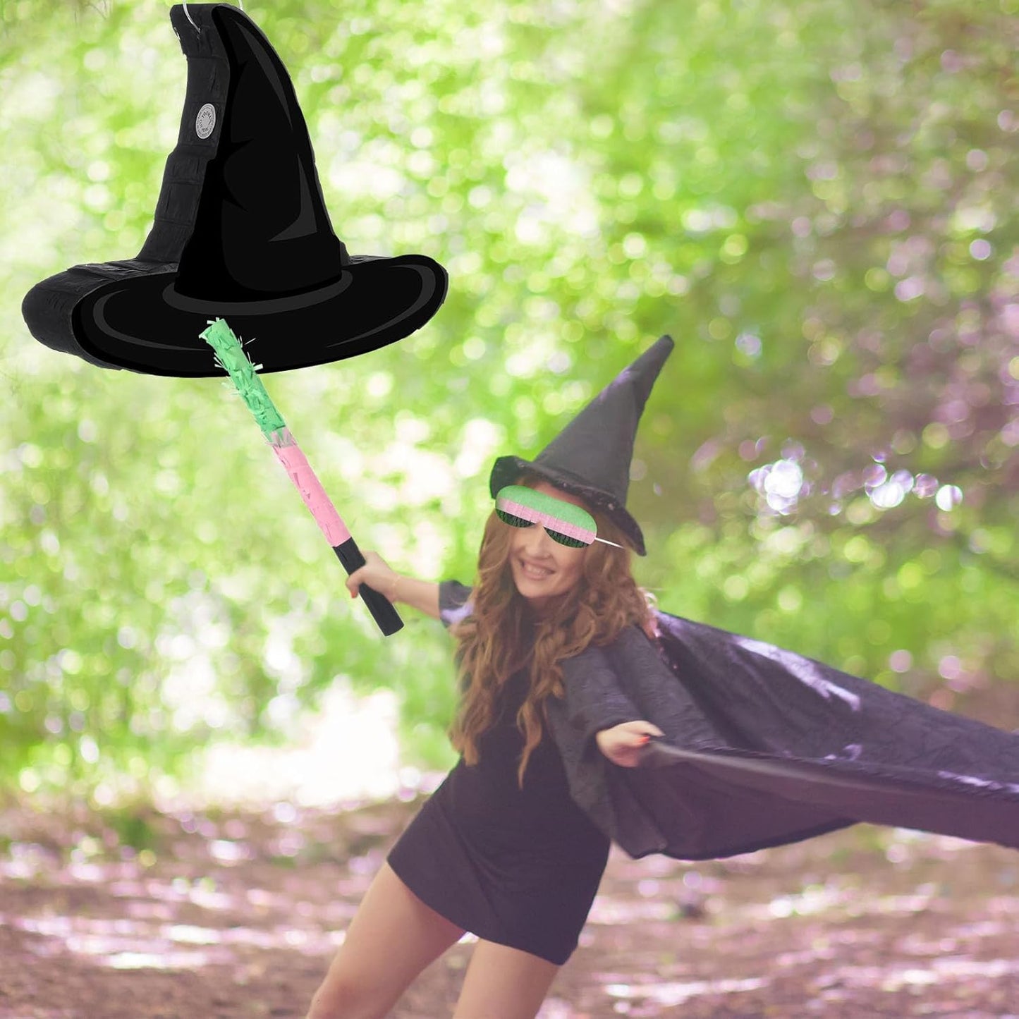 Kasyat Witch Hat Piñata Party Game Set Halloween Theme Piñata with Bat Stick Blindfold Pink Green and Black Party Decor for Halloween Birthday Baby Shower Game Supplies Decor (Witch Hat)