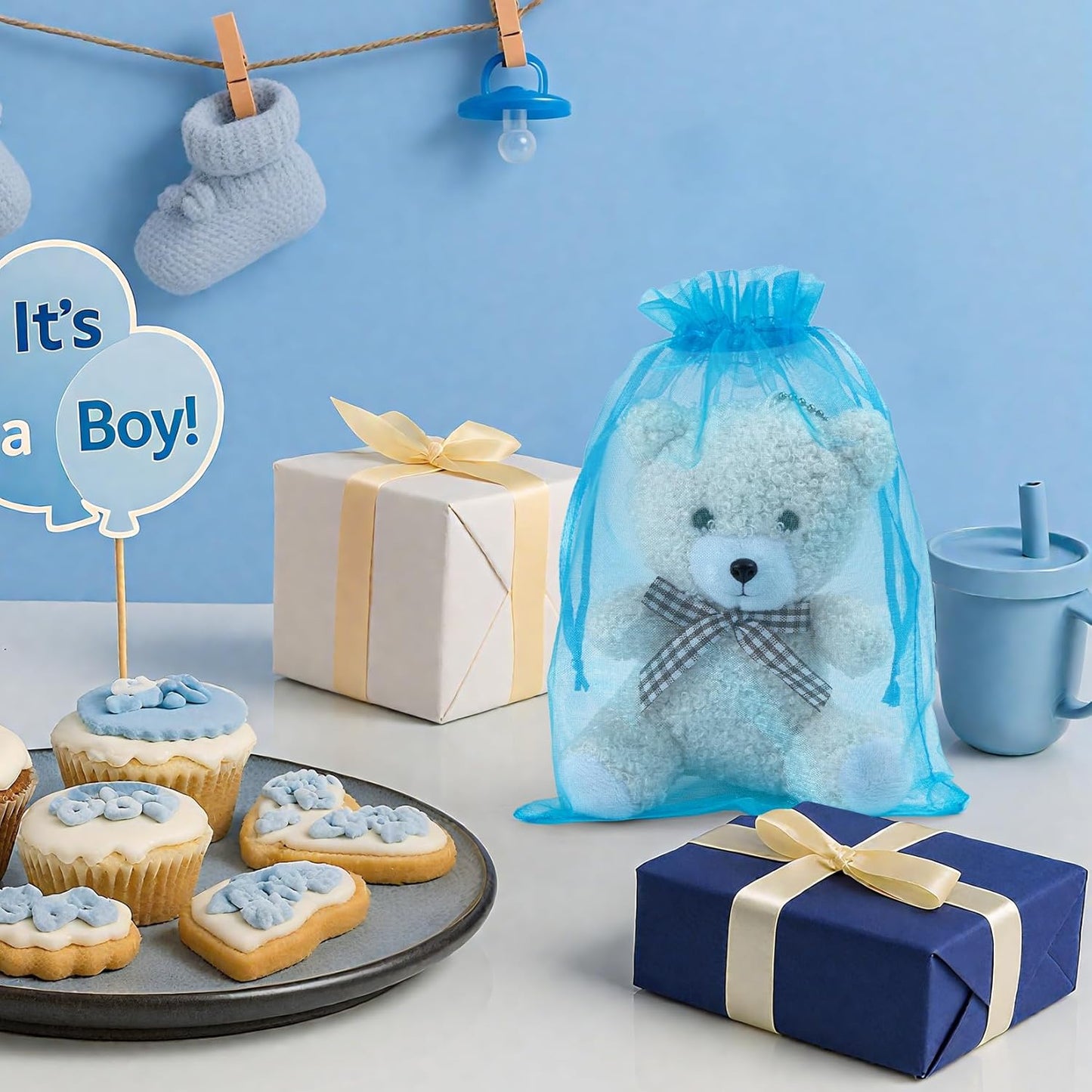 ANZNKU 50 Pack Organza Bags 4x6 Inch, Small Mesh Bag Drawstring Organza Gift Bags for Baby Shower, Party Favors(Lake Blue)