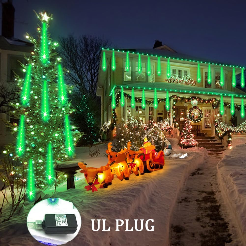 Halloween Lights Outdoor, Meteor Shower Christmas Lights for Halloween Decorations, 8 Tube 192 LED Snow Falling Rain Icicle String Light for Xmas Christmas Decor Tree Party, UL Plug Green