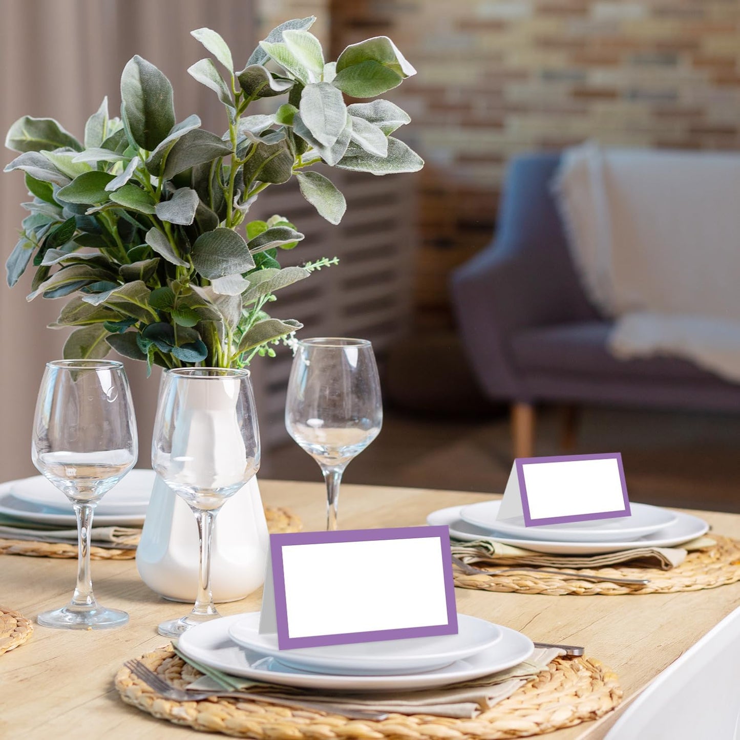 25 Pack Purple Border Place Cards, Editable Name Cards for Table Setting, Tent Cards Food Label for Dinner Party, Bridal Shower, Wedding, Baby Shower and Events -T24