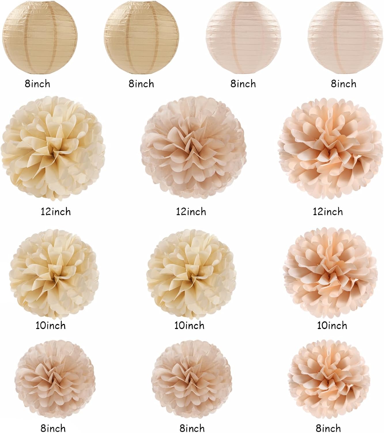 Beige-Champagne Gold White-Peach Boho Party-Decorations - 20pcs Neutral Baby Shower Rustic Wedding Paper Lanterns Fans,Tissue Pom Poms,Honeycomb Balls,Bunting,Birthday Bridal Decor Burgleda