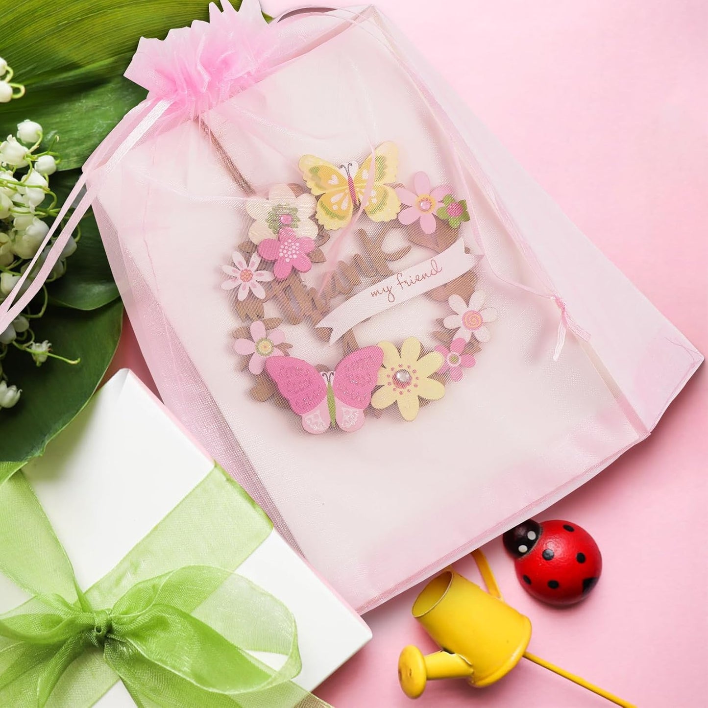 ANZNKU 50 Pack Sheer Organza Bags 6x9 inches, Mesh Drawstring Bags, Mesh Bag for Gifts Large Organza Favor Bag Drawstring for Party Wedding Christmas(Pink)