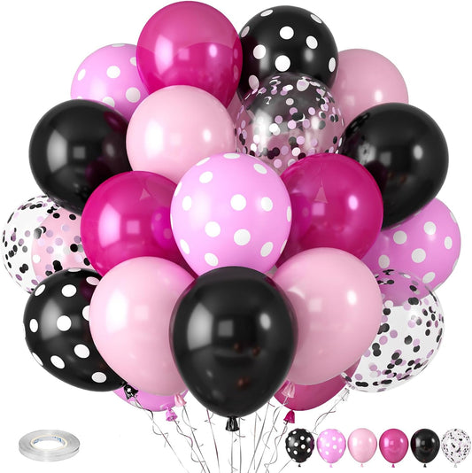 Pink and Black Balloons, Hot Pink Balloons White Dots Black White Dots Balloon with Confetti Balloon for Girls Women Birthday Baby Bridal Shower Wedding Theme Party Decorations