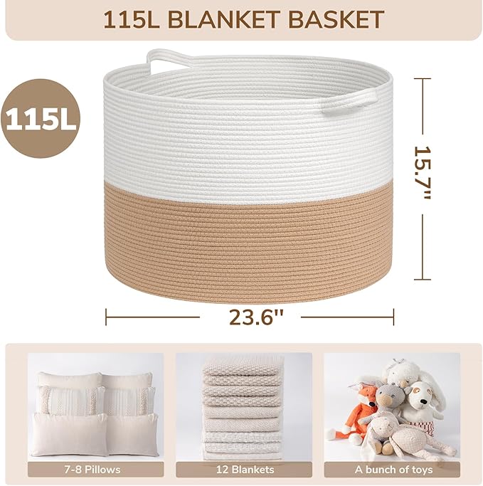 INDRESSME 115L Extra Large Jute Rope Basket, Blanket Basket Home Decor Baby - Image 2