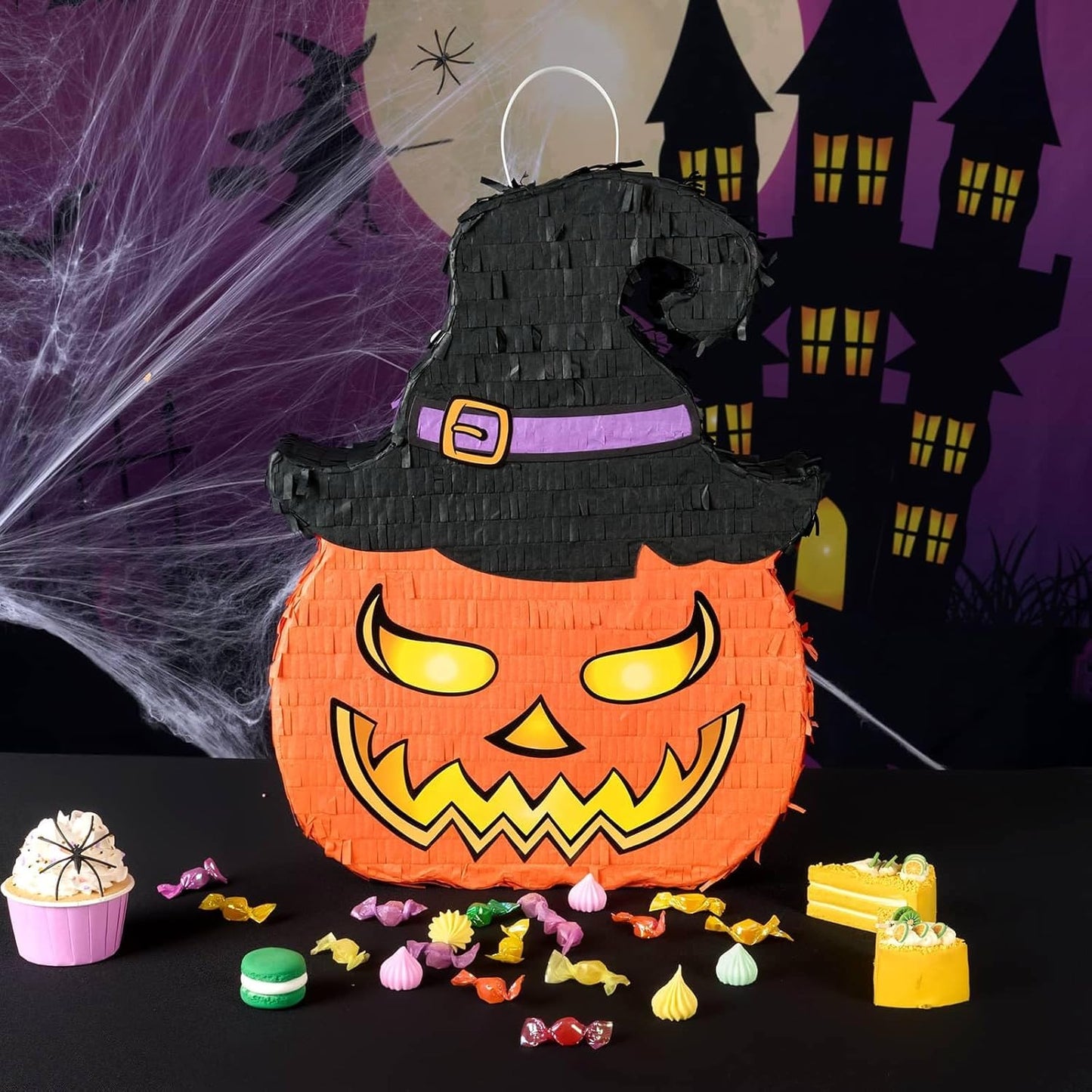 WERNNSAI Halloween Pumpkin Piñata - Wicked Pumpkin Pinata Halloween Jack O Lantern decorations for Kids Trick or Treat Costume Party Pumpkin Games with Bat Blindfold