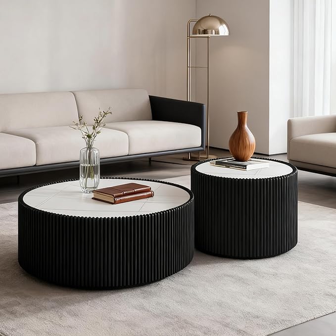 29.52" Round Marble Coffee Table, Modern Fluted Coffee Table w/White Sintered - Image 4