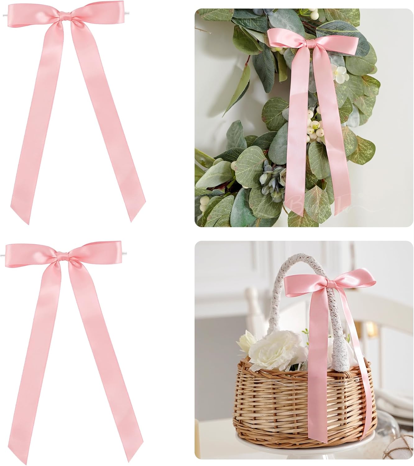 50 PCs Pink Bow Decor 5.5'' Satin Bows with Long Tail, Twist Tie Bows for Craft, Packaging Ribbon Bows, Premade Bows for Cake Decorating, Gift Bows for Treat, Wedding Favor, Party