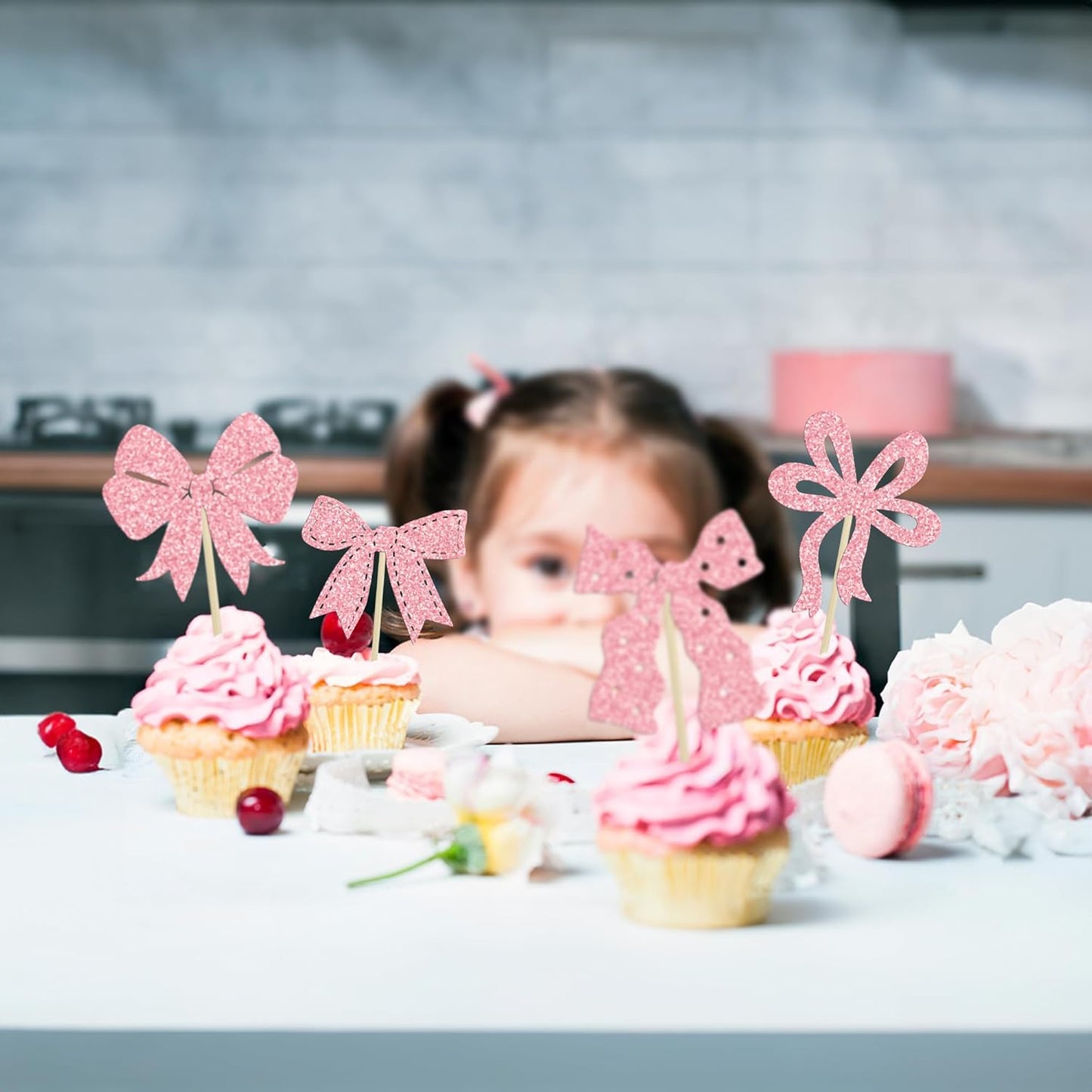 Ephlyn 24Pcs Bow Cupcake Toppers Pink Girls Birthday Party Decorations Bowknot Cupcake Toppers Bow Tie Birthday Cupcake Decorations Dessert Cake Toppers for Wedding Bachelorette Party Pink