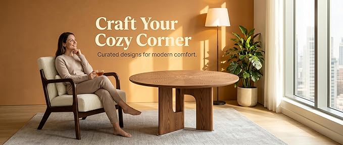 Mid-Century Modern Living Room Set – 31.5" Round Rustic Ash Wood Coffee Table & - Image 6